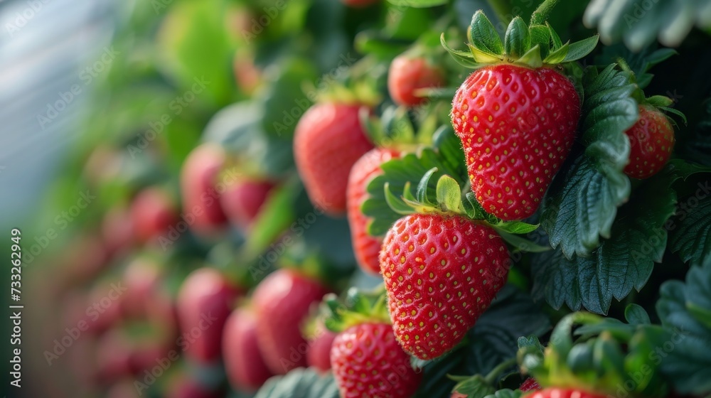 Strawberries flourishing in a vertical hydroponic system in greenhouse. Agricultural Greenhous with hydroponic shelving system. Strawberries flourishing in a vertical hydroponic system in greenhouse. Agricultural Greenhous with hydroponic shelving system.