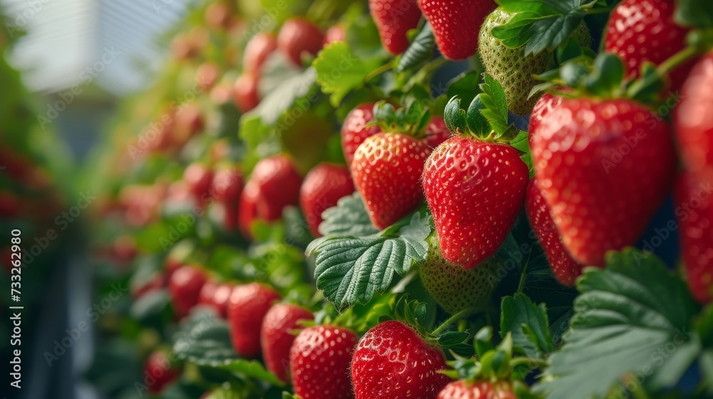 Strawberries flourishing in a vertical hydroponic system in greenhouse. Agricultural Greenhous with hydroponic shelving system. Strawberries flourishing in a vertical hydroponic system in greenhouse. Agricultural Greenhous with hydroponic shelving system.