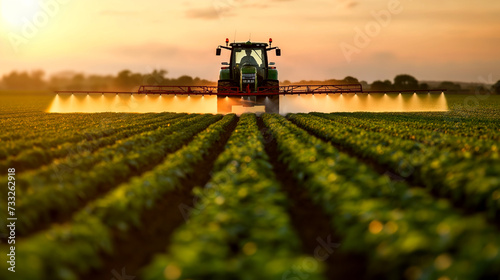 A tractor sprays crops in a sun-drenched field during the golden hour, showcasing the blend of agriculture and the beauty of nature during a serene sunset.