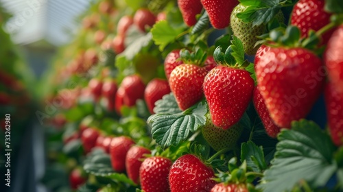 Strawberries flourishing in a vertical hydroponic system in greenhouse. Agricultural Greenhous with hydroponic shelving system. 