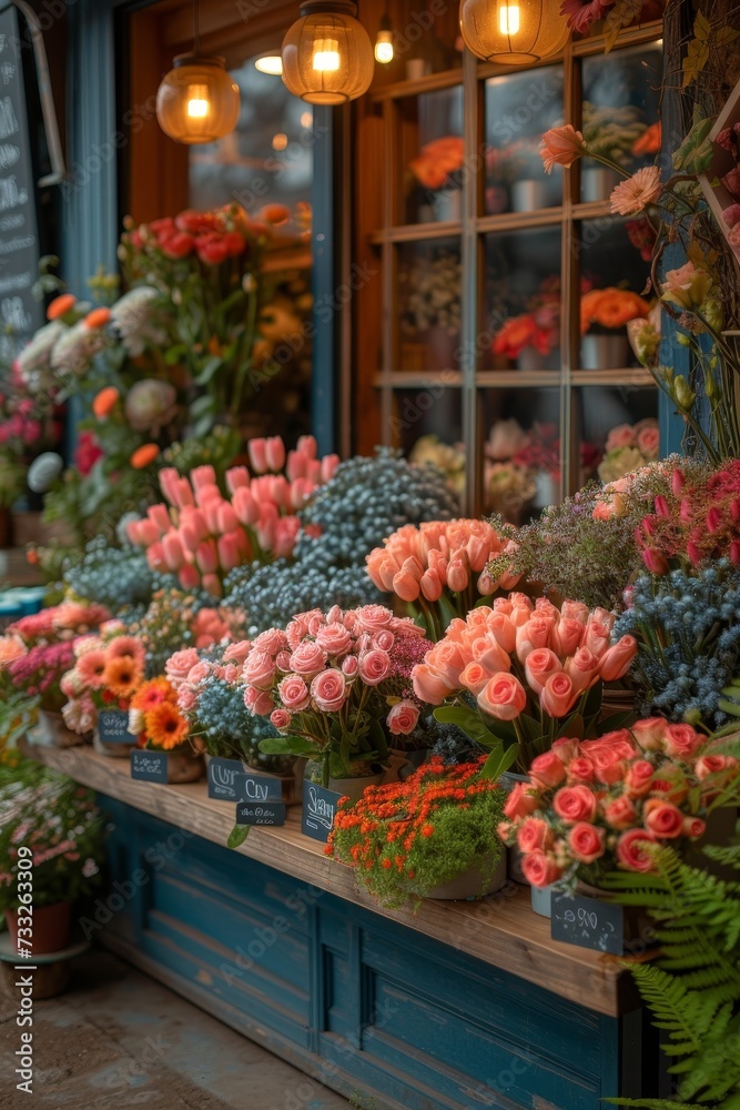 A vibrant flower shop filled with numerous types of flowers, creating a lively and diverse display.