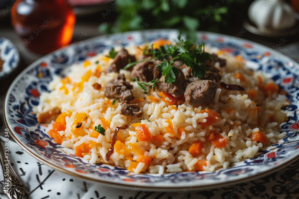 Pilaf with beef, carrot and onion served on a plate Pilaf with beef, carrot and onion served on a plate