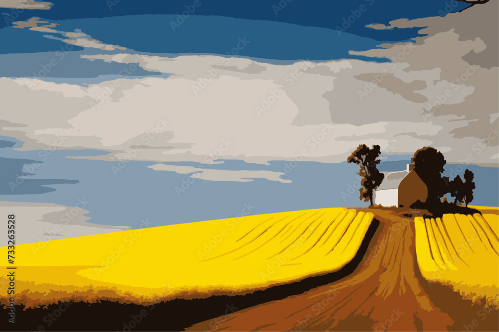 yellow corn field landscape and a lonely house on the hill, vector illustration scenery