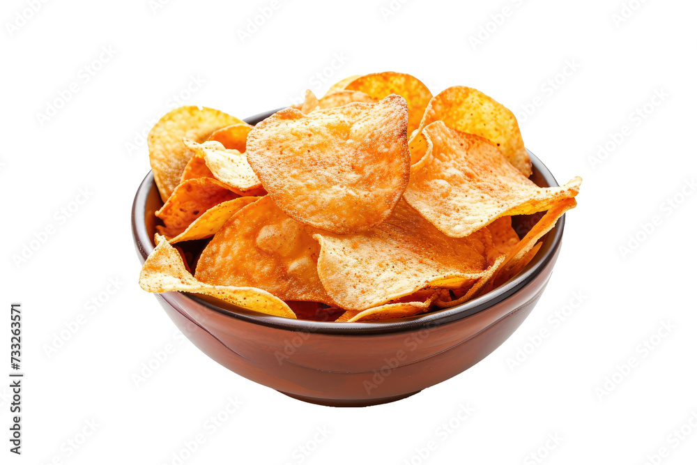 Potato chips fried falling in the air isolated on transparent background, snack time, junk food and high calories concept, crispy snack pieces.