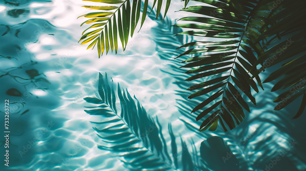 Tropical palm leaves on a turquoise water background. Tropical palm leaves on a turquoise water background.