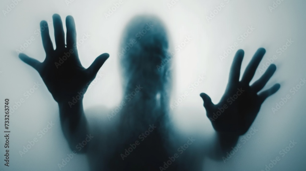 Woman silhouette on grey background. Blurred human hands shape out of focus. Mysterious female portrait.
