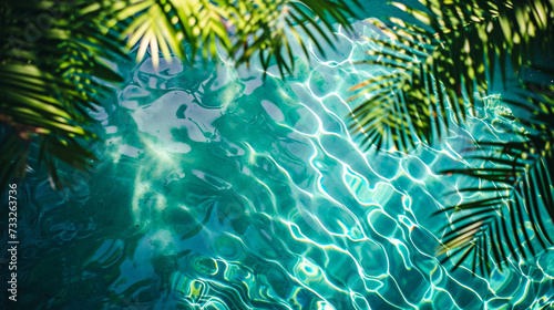 Tropical palm leaves on a turquoise water background.