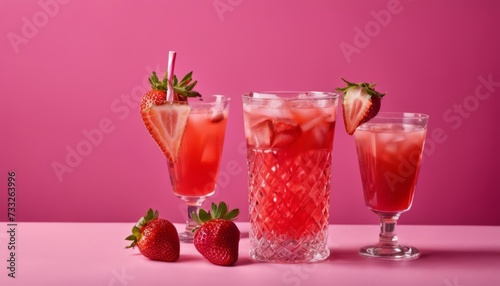 Three glasses of strawberry drinks with strawberries on the table