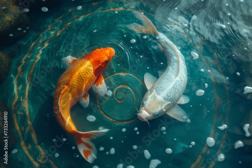 Two koi fish, one orange and one whiteb, forming a yin-yang in clear water. photo