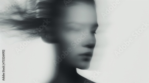 Woman portrait on white background. Blurred female face out of focus. Mysterious portrait in fashion art style.