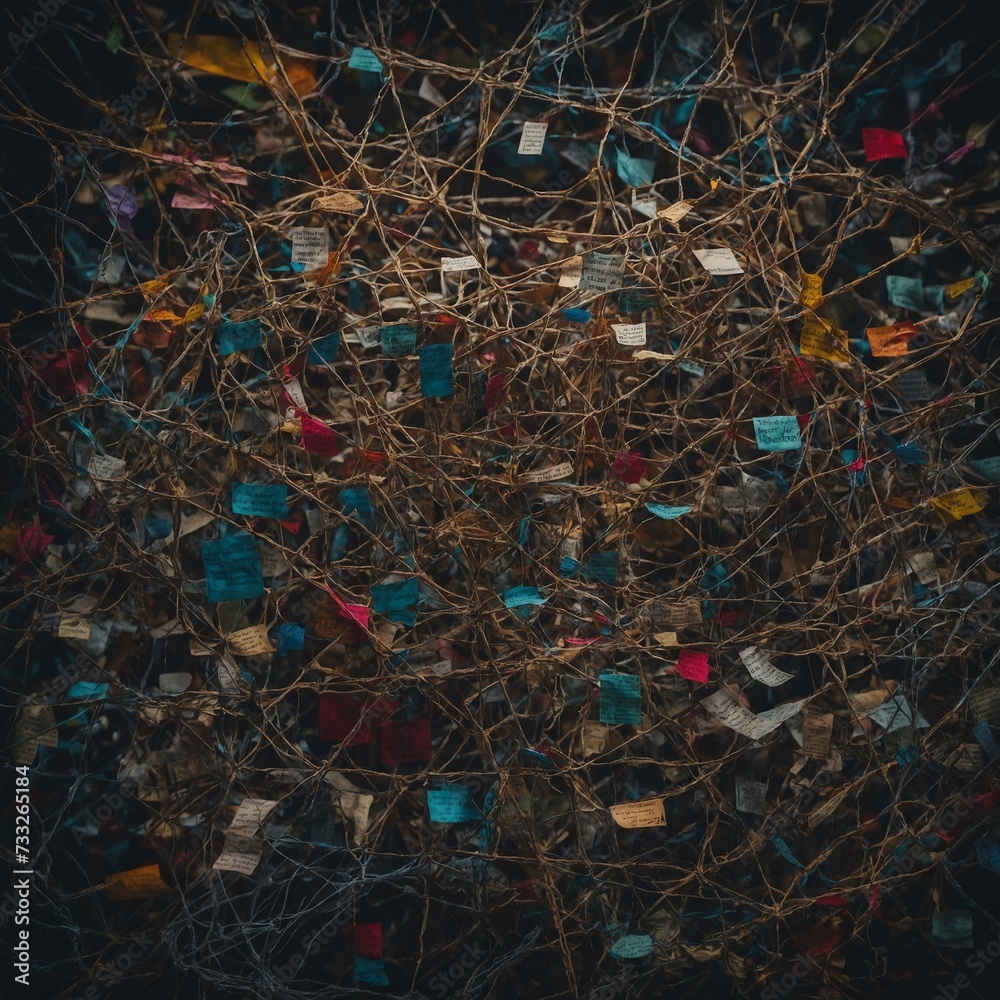 A tangled web of words and images representing overthinking concept art A tangled web of words and images representing overthinking concept art