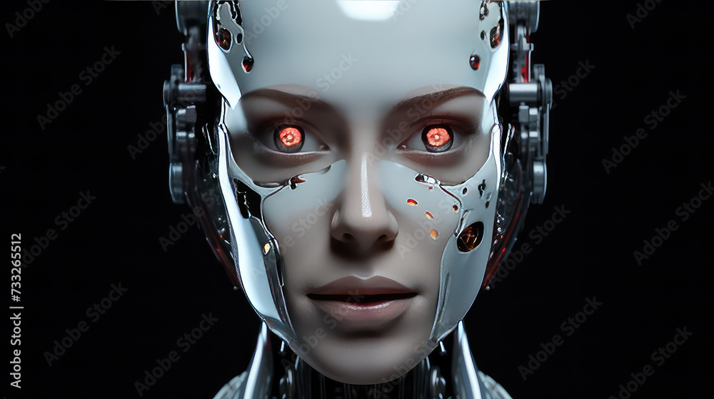 Woman looking robot portrait beautiful cyborg dark background AI generated Woman looking robot portrait beautiful cyborg dark background AI generated