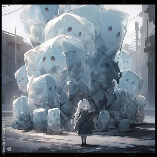 Surreal Urban Scene with Girl and Giant Ice Cube Creatures