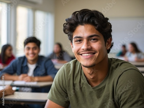 Latino male college student sitting in a classroom smiling, student study in class