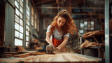 Woman using a sander on wood in a workshop