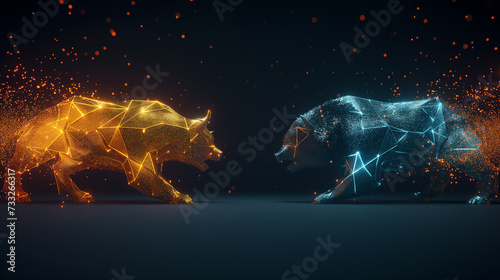 Abstract bull and bear shapes facing off in fiery and icy design, stock market trends concept