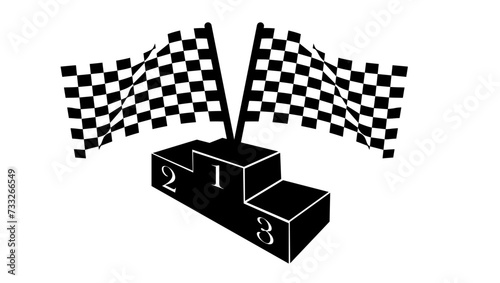 Checkered or racing flags first place prize cup and winners podium, black isolated silhouette
