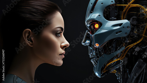 Human and robot face looking at each other
