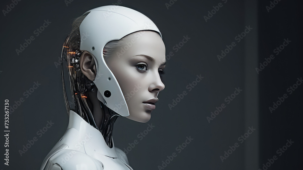 Woman looking robot portrait beautiful cyborg dark background AI generated