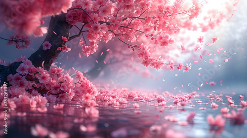 cherry blossom, tree in spring, landscape with sakura blooming photo