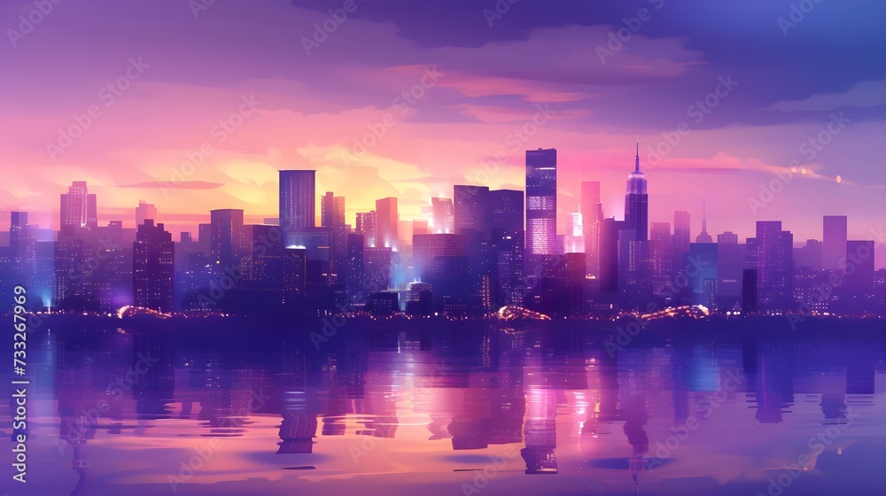 A digitally-enhanced image showcasing a vibrant, futuristic city skyline reflected on water at dusk, with a blend of pink and blue hues.
