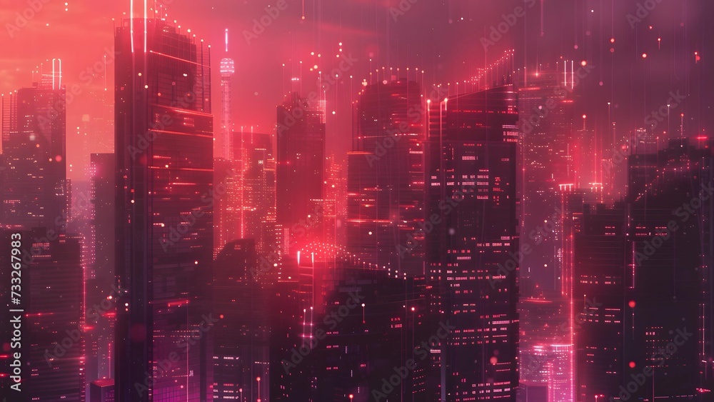 A cyberpunk-inspired cityscape bathed in neon pink and red lights, depicting a futuristic urban skyline with a digital data atmosphere.