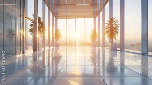 The corridor of a modern office building glows with the light of the setting sun  highlighting its clean lines and reflective surfaces.
