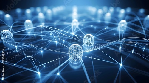 Abstract image of a complex network with spherical nodes and dynamic connections representing data, communication, and technology.