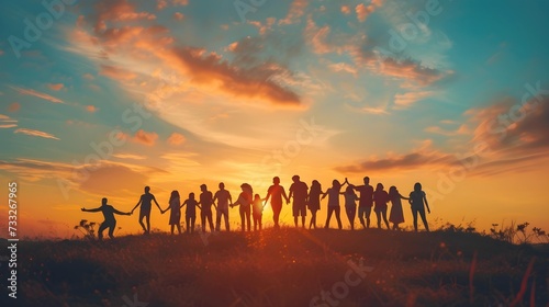A heartwarming silhouette of a group of friends holding hands against the vivid backdrop of a sunset sky  symbolizing unity and friendship.
