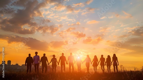 A heartwarming silhouette of a group of friends holding hands against the vivid backdrop of a sunset sky, symbolizing unity and friendship.