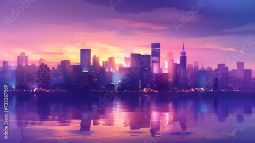 A digitally-enhanced image showcasing a vibrant  futuristic city skyline reflected on water at dusk  with a blend of pink and blue hues.