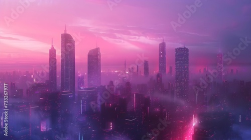 A misty dawn sets over a futuristic cityscape  with shades of pink casting a dreamlike glow over the high-rise skyline.