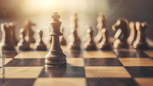 A single king chess piece stands in sharp focus on a sunlit wooden chessboard, symbolizing strategy, power, and the crucial moments of decision-making in a game. photo