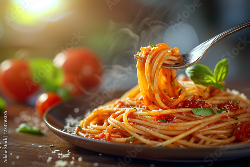 Tasty appetizing classic Italian spaghetti pasta with tomato sauce, cheese parmesan and basil on plate, taking with fork