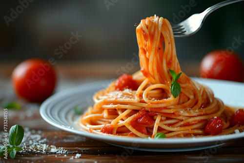 Tasty appetizing classic Italian spaghetti pasta with tomato sauce, cheese parmesan and basil on plate, taking with fork