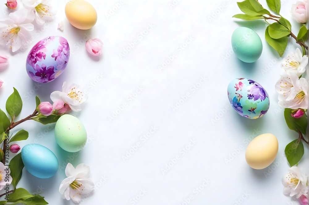 Colorful Easter eggs with spring blossom flowers with copy space 