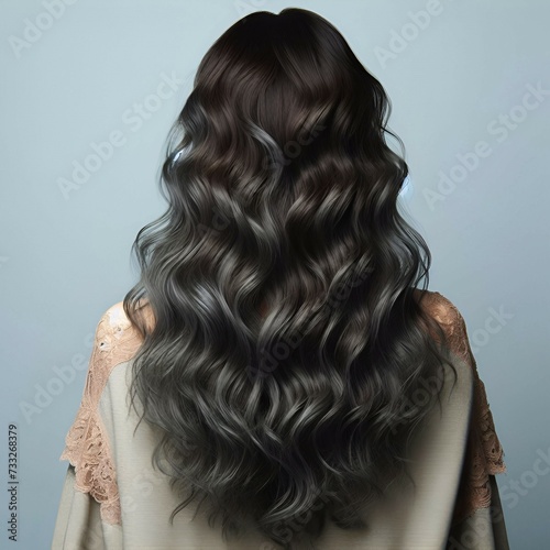 back view of a girl with beautiful wavy healthy curly long shiny natural gray hair photo