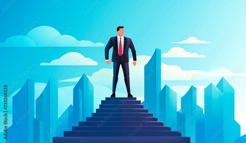 Businessman standing on the top step of the stairs for business achievement in a career success concept. Businessman standing on the top step of the stairs for business achievement in a career success concept.