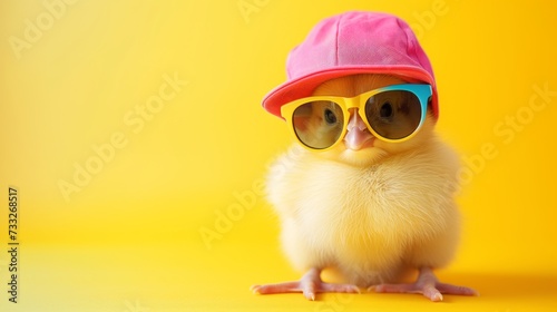 cute young fluffy Easter chick baby with cap and sunglasses photo