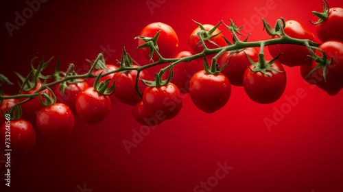 Tomatoes in the air  on red background. © Noize