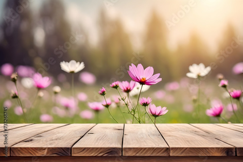 wood floor for advertising with blur nature and cosmos flower background
