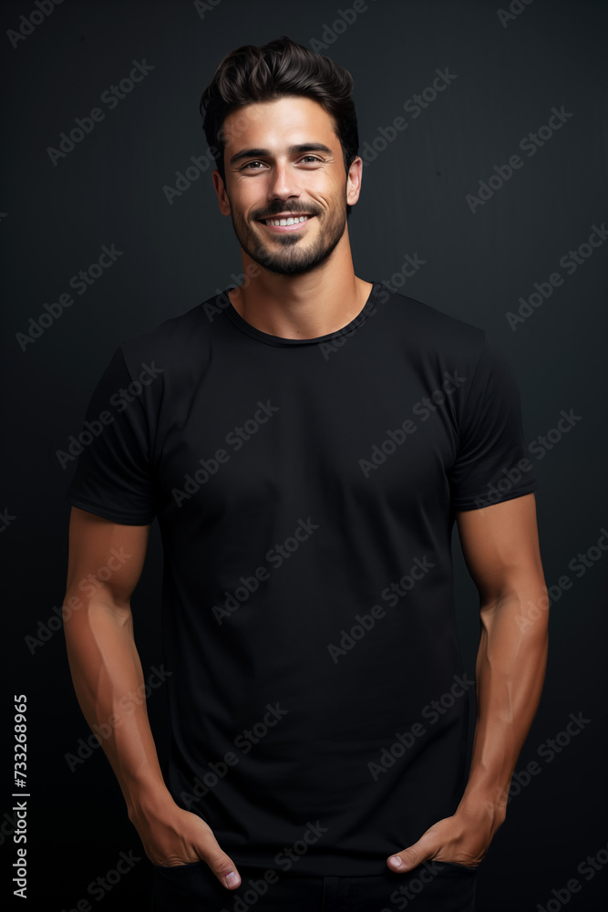 Laughing male model with black mock up shirt Laughing male model with black mock up shirt