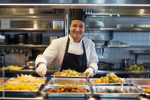 Chef standing behind full lunch service station with assortment of foods in trays.