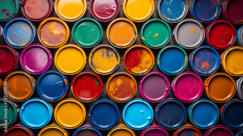 Top view, Y2K color paletteful array of paint cans. Home improvement concept - Generative AI