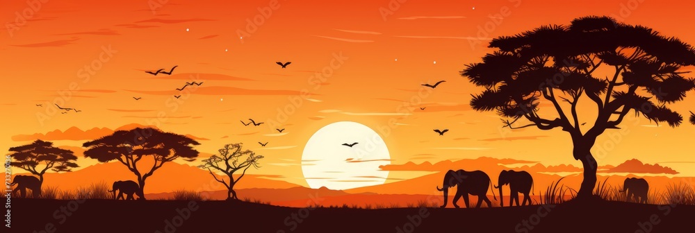 African Safari Silhouette Banner. Witness the Majestic Wilds of South Africa on a Scenic Safari