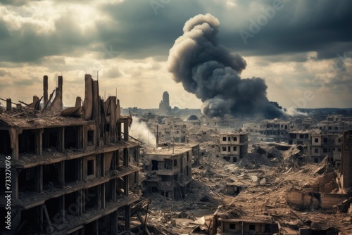 Devastation in Syria: Aerial View of Destroyed Building in War-Torn Aleppo City