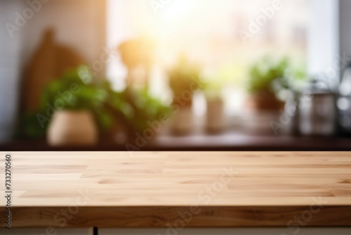 Empty Tabletop in Blur Style - Bright and Defocused Kitchen Background with Bokeh Light and Copy