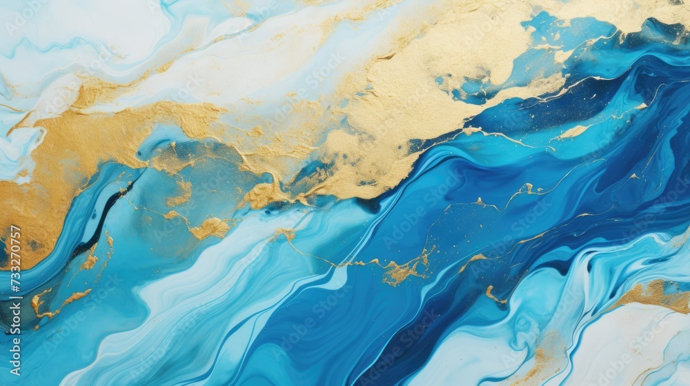 Blue and Gold Marbled Paint Swirl. HD Background of Abstract Texture like Ocean Wave 