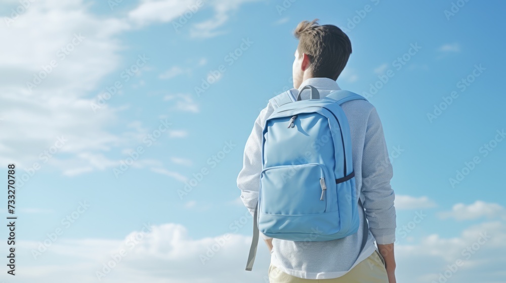 Adventure Awaits with Blue Backpack. Close up of a Backpacker's Gear for Active Adults and Casual Adventure Awaits with Blue Backpack. Close up of a Backpacker's Gear for Active Adults and Casual