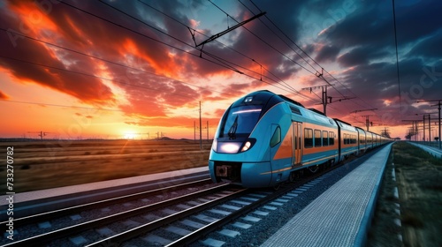 Blue Train on Railway Platform at Sunset in Europe. A Beautiful View of Modern High Speed